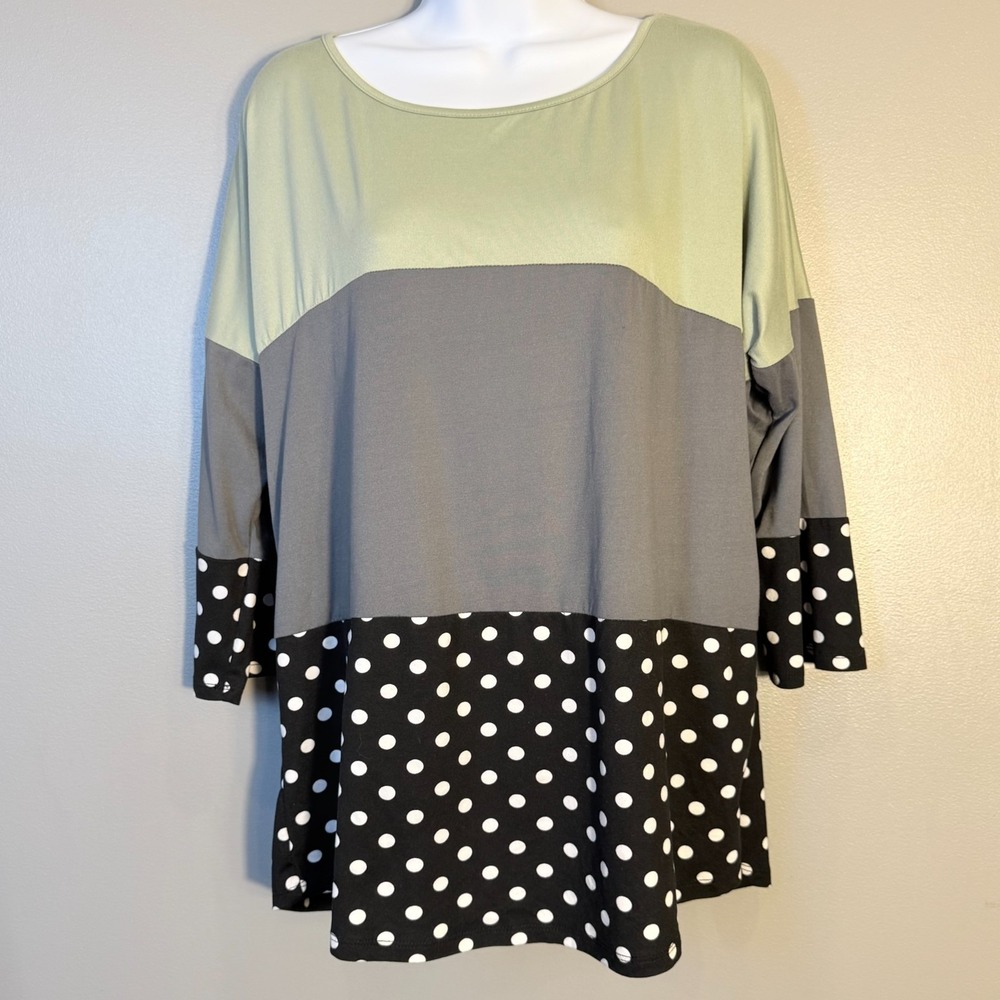 Doublju XL Colorblock Polka Dot Tunic Top Sage Gray Black 3/4 Sleeve
